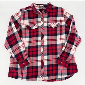 EDDIE BAUER Women's Plaid Flannel Shirt Red Navy Cotton Classic Fit Size 2XL